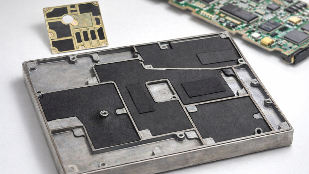 CHO-MUTE™ 9005 and 9025 microwave absorber materials used for EMI and cavity resonance suppression in electronic enclosures