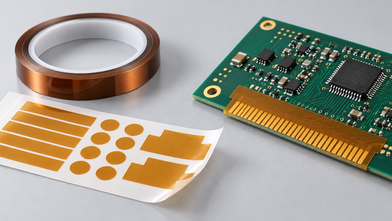 Die-cut amber polyimide masking shapes on a release liner beside a tape roll and a PCB with masked gold contacts.