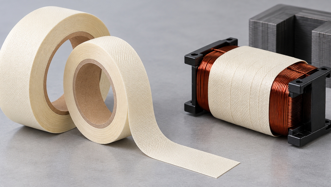 Ivory glass cloth tape rolls beside a copper electrical coil wrapped with woven insulation tape and a laminated transformer core.