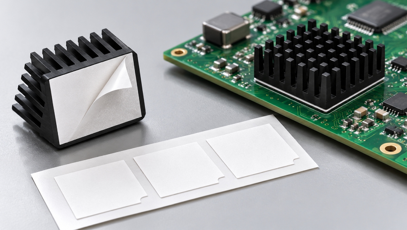 Die-cut thermal attachment tape shapes beside compact black heat sinks, showing a peeled release liner and a PCB-mounted assembly.