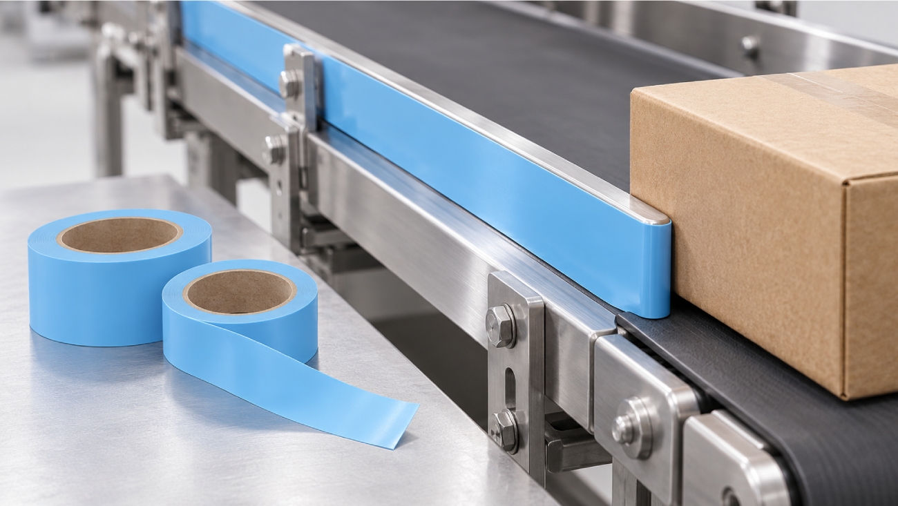 Blue UHMW tape rolls beside a conveyor with tape-lined metal guides and a cardboard carton.
